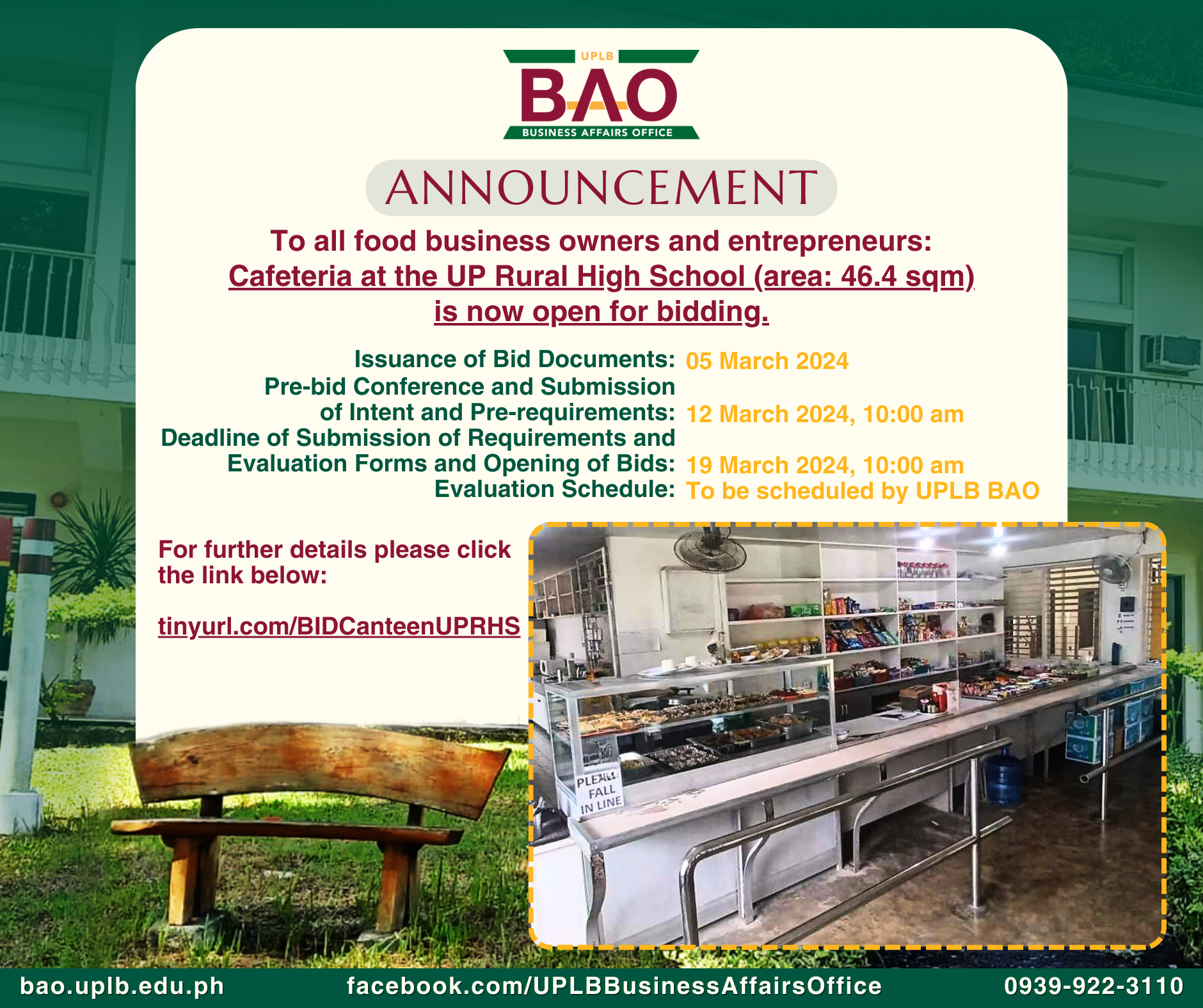 INVITATION TO BID: Available Space – Cafeteria at the UP Rural High School (UPRHS)