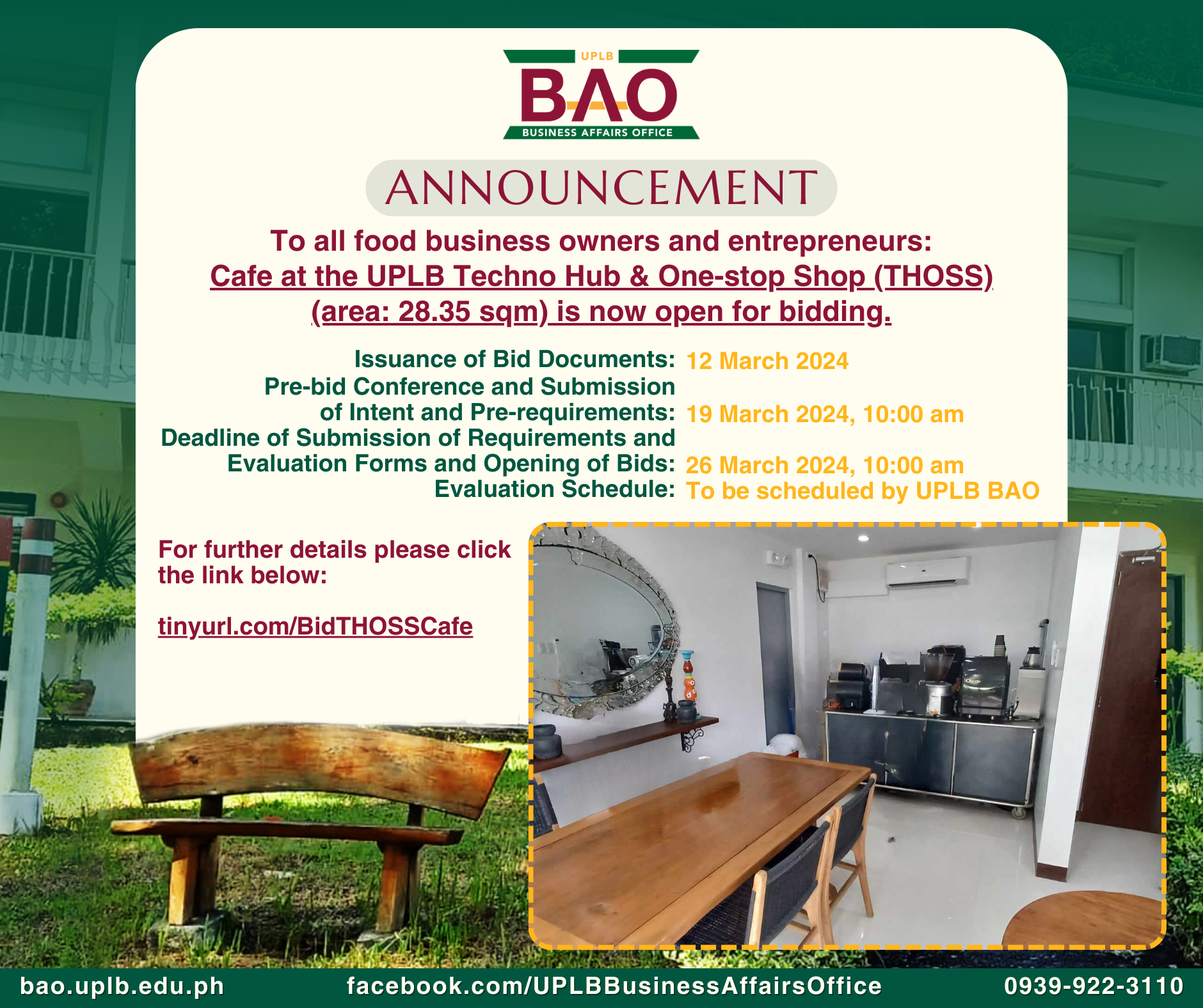 INVITATION TO BID: Available Space – Cafe at the UPLB Techno Hub & One-stop Shop (THOSS)